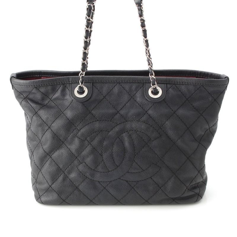 Chanel Caviar Leather Quilted Chain Shopping Tote Bag Black — view 3