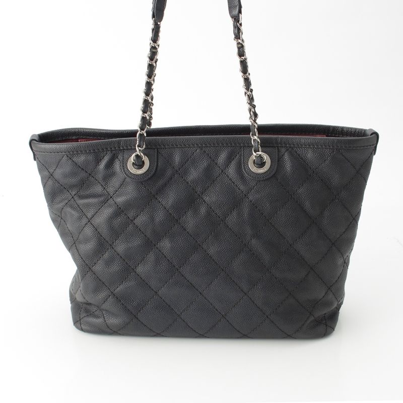 Chanel Caviar Leather Quilted Chain Shopping Tote Bag Black — view 6