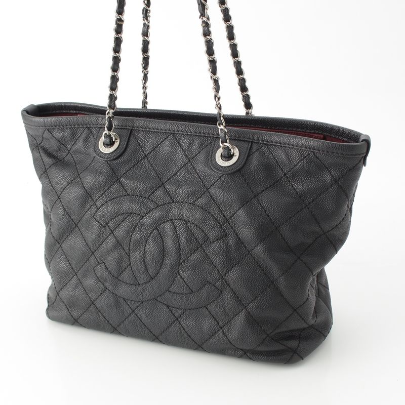 Chanel Caviar Leather Quilted Chain Shopping Tote Bag Black — view 4