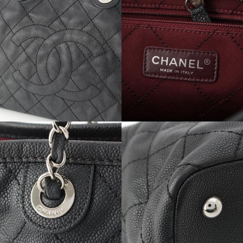 Chanel Caviar Leather Quilted Chain Shopping Tote Bag Black — view 9
