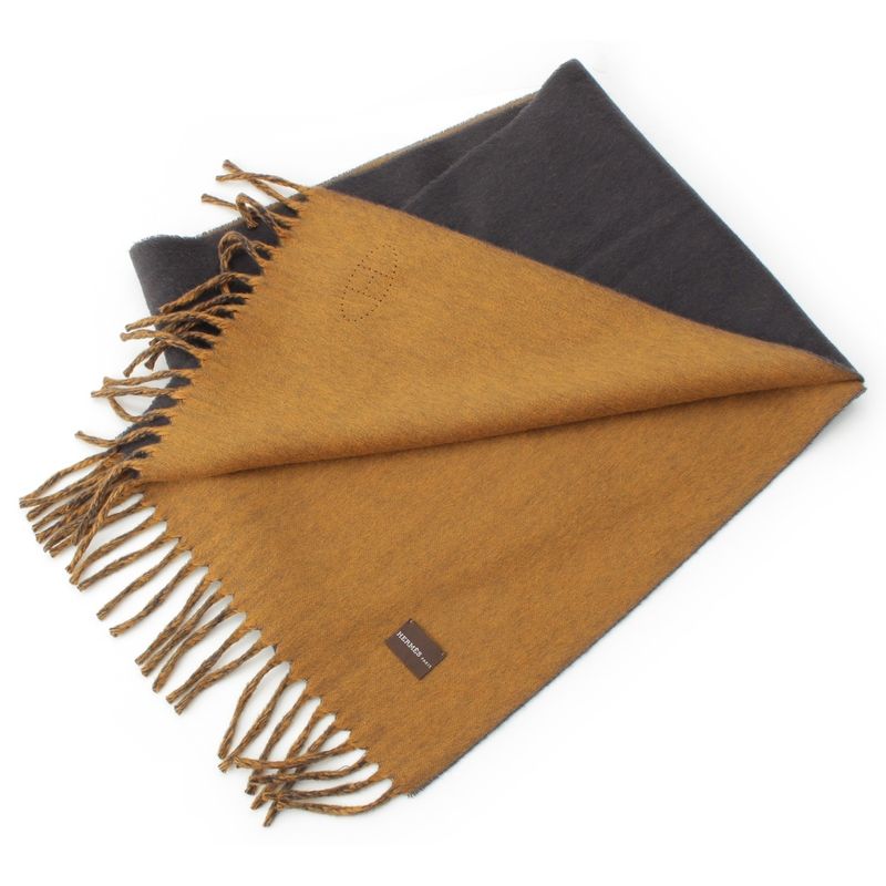 Hermes Cashmere H Logo Fringe Scarf Yellow Gray — view 2