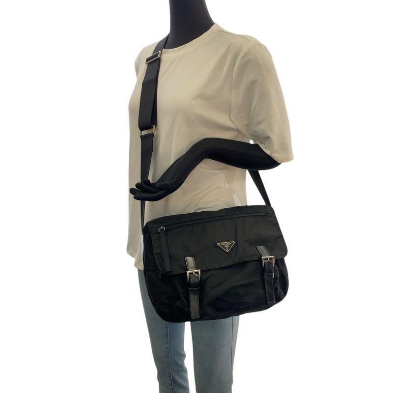 Prada Tessuto Triangle Logo Plate Black Silver Hardware Nylon Shoulder Bag — view 8