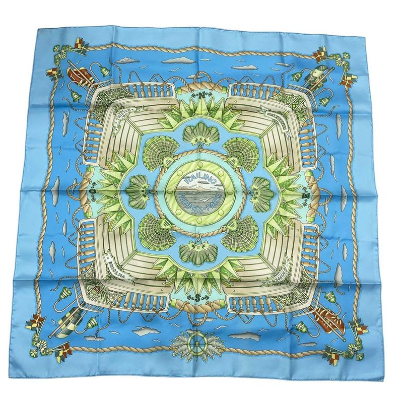 Hermes Carre 90 Scarf Silk Railing Ship Handrail Blue Box — view 2