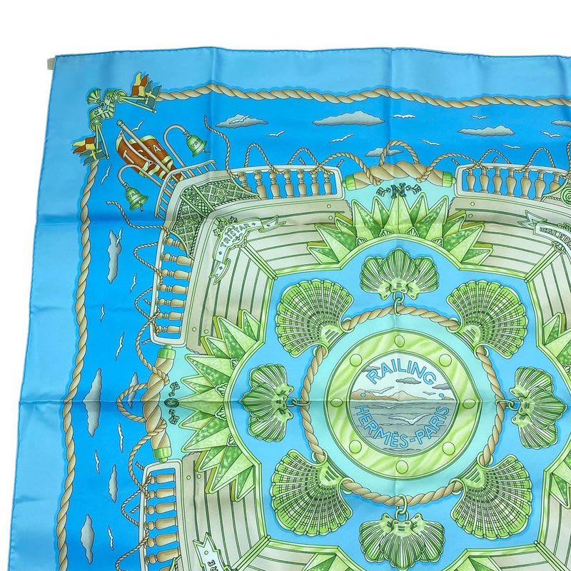Hermes Carre 90 Scarf Silk Railing Ship Handrail Blue Box — view 3