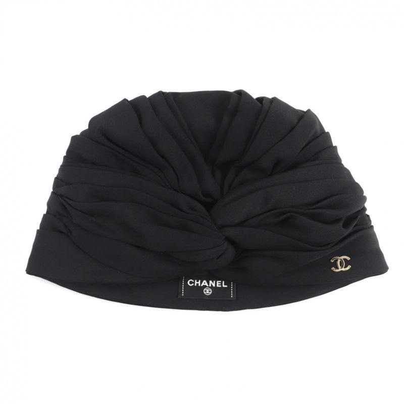 Chanel 100% Silk Turban Hat With Coco Mark Hardware Black Gold — view 4