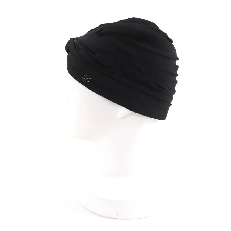 Chanel 100% Silk Turban Hat With Coco Mark Hardware Black Gold — view 2
