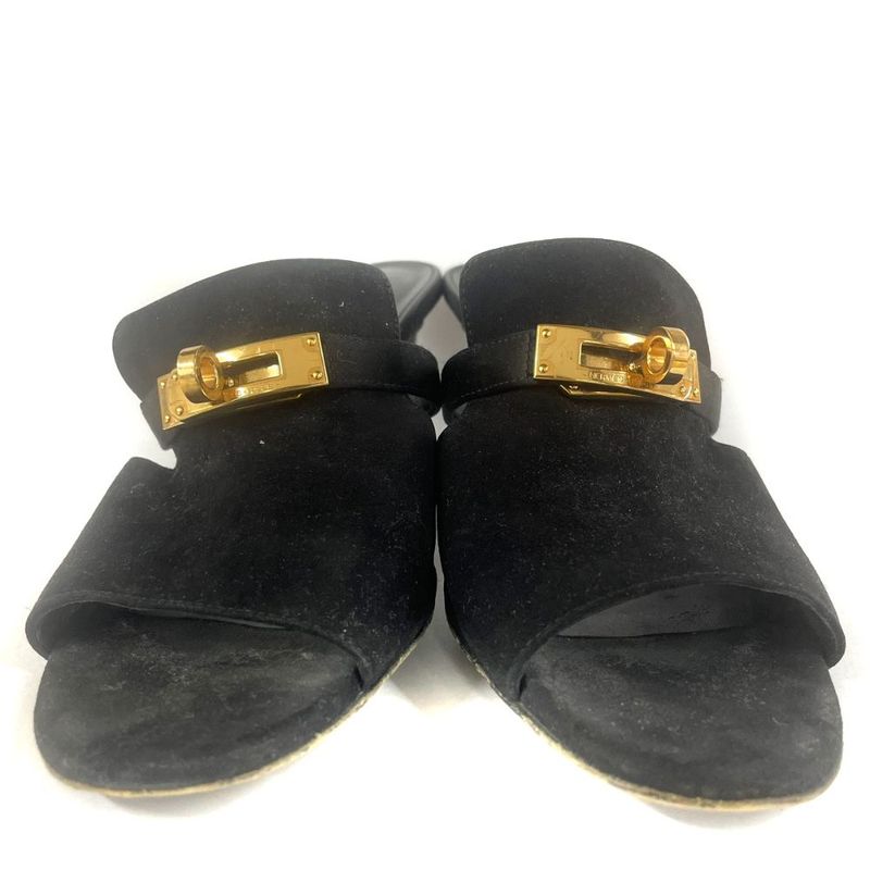 Hermes Cute Chevre Velor Mule Sandals Comfort Heel Kelly Hardware 36 Black JS — view 2