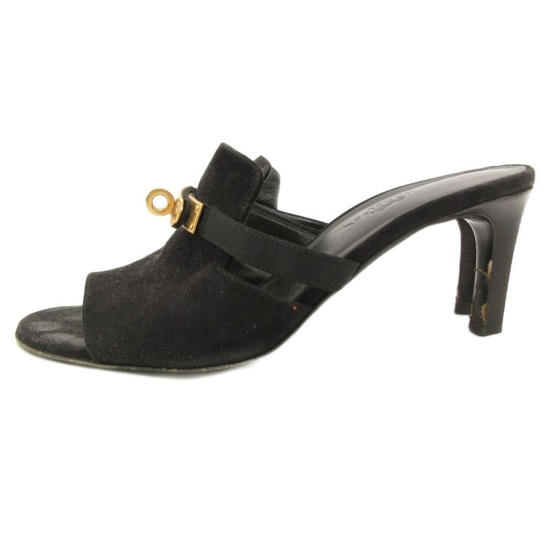 Hermes Cute Chevre Velor Mule Sandals Comfort Heel Kelly Hardware 36 Black JS — view 3