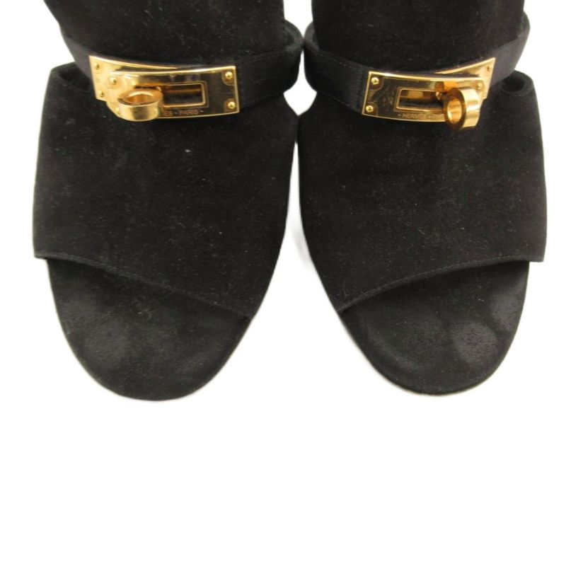 Hermes Cute Chevre Velor Mule Sandals Comfort Heel Kelly Hardware 36 Black JS — view 7
