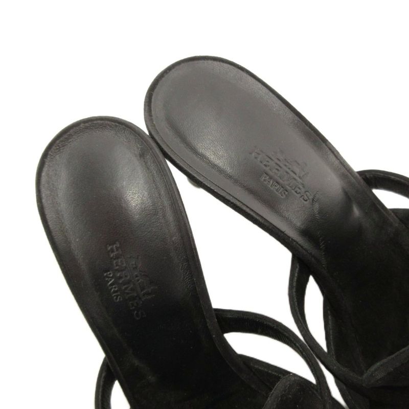 Hermes Cute Chevre Velor Mule Sandals Comfort Heel Kelly Hardware 36 Black JS — view 6