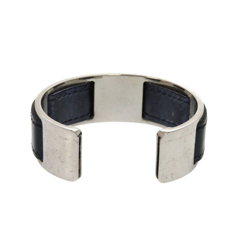 Hermes Bangle Leather Metal Silver Black Bracelet 0128 — view 4