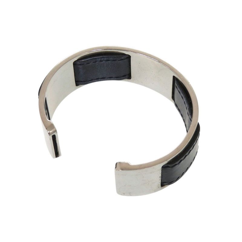 Hermes Bangle Leather Metal Silver Black Bracelet 0128 — view 7