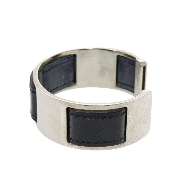 Hermes Bangle Leather Metal Silver Black Bracelet 0128 — view 3