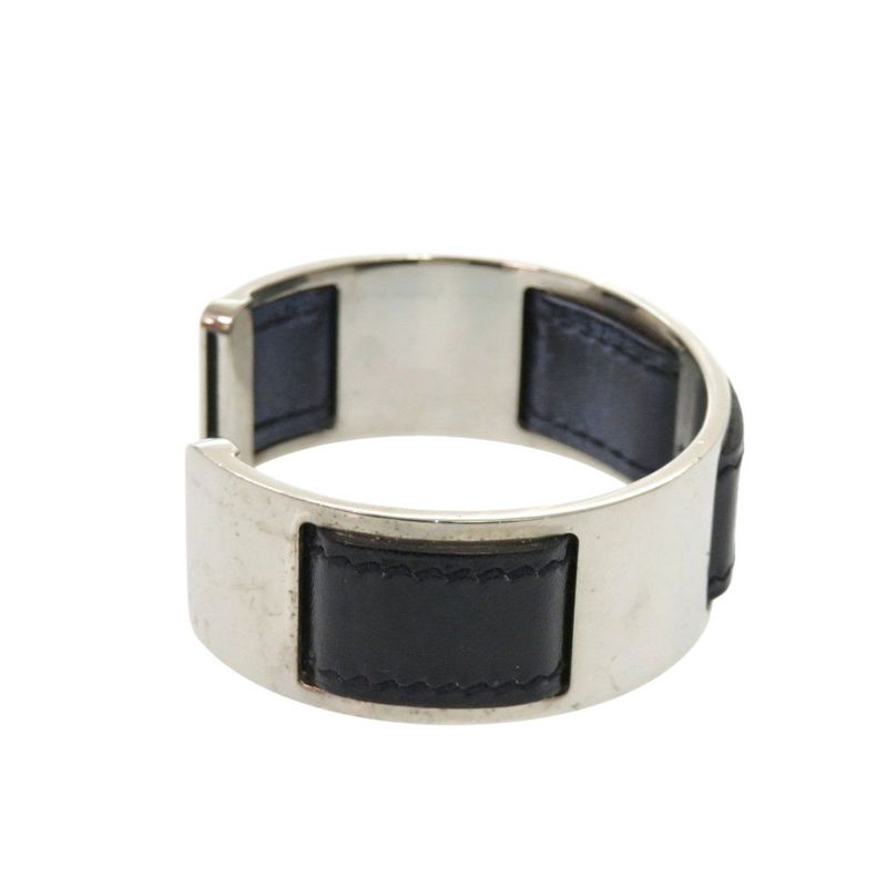 Hermes Bangle Leather Metal Silver Black Bracelet 0128 — view 5