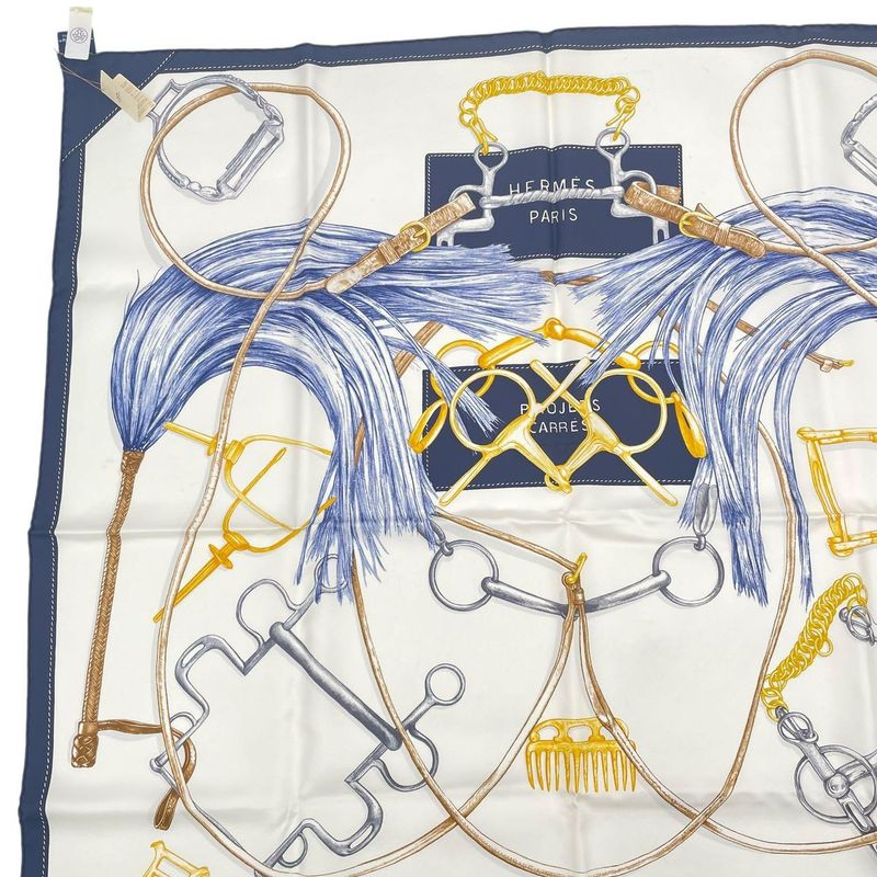 Hermes Scarf Carre 90 Silk Projets Carres Au Crayon White Navy — view 4