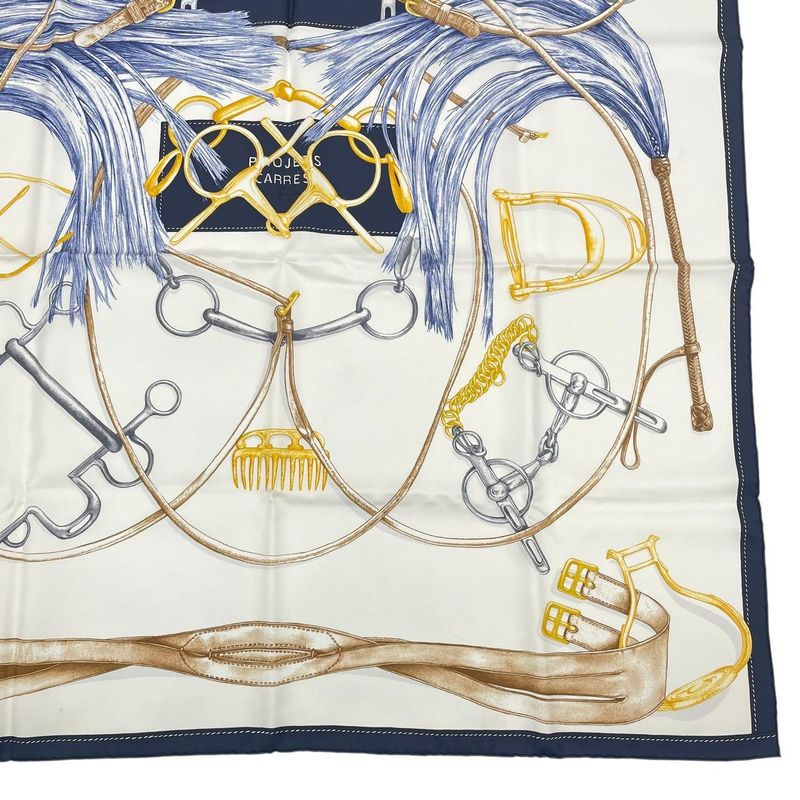 Hermes Scarf Carre 90 Silk Projets Carres Au Crayon White Navy — view 6