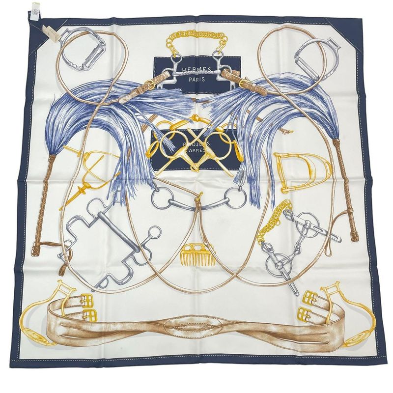 Hermes Scarf Carre 90 Silk Projets Carres Au Crayon White Navy — view 3