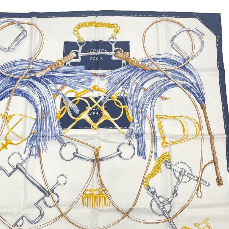 Hermes Scarf Carre 90 Silk Projets Carres Au Crayon White Navy — view 5