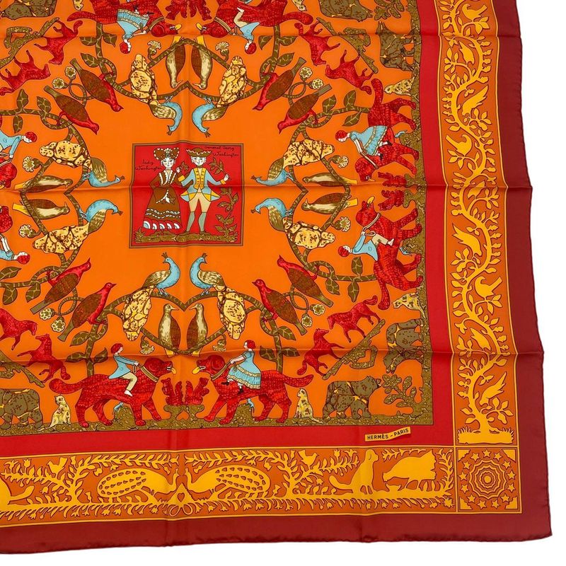Hermes Carre 90 Scarf Silk Early America Good Vintage Animal Pattern Red — view 6
