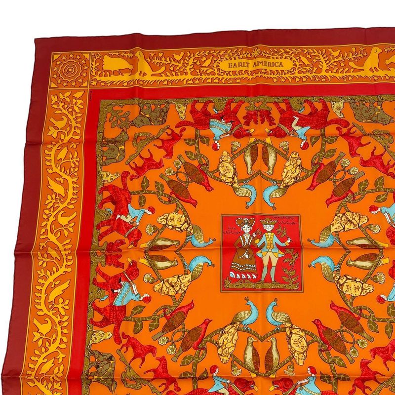 Hermes Carre 90 Scarf Silk Early America Good Vintage Animal Pattern Red — view 3