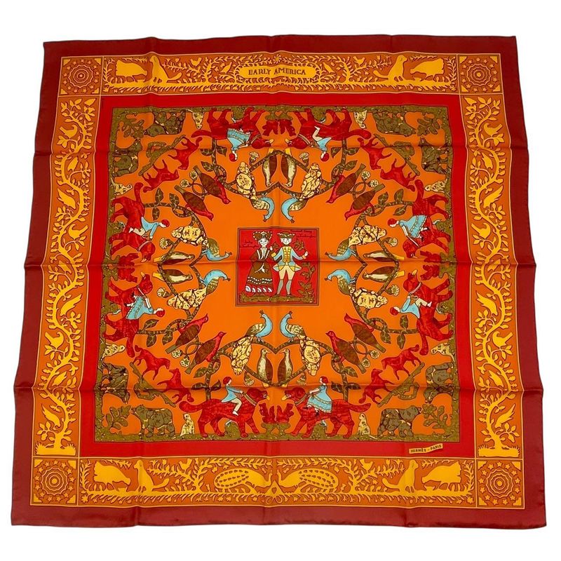 Hermes Carre 90 Scarf Silk Early America Good Vintage Animal Pattern Red — view 2
