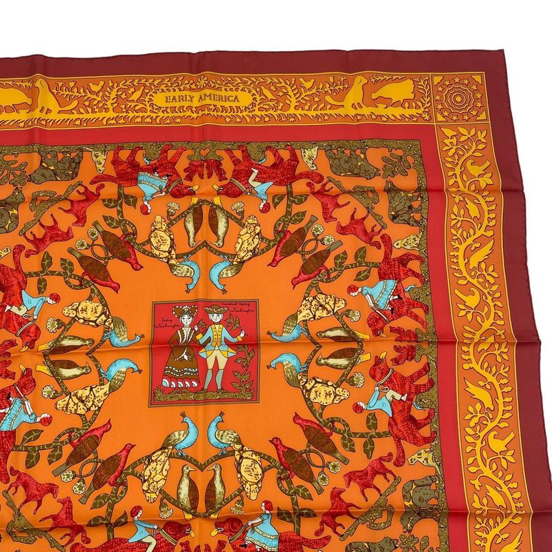 Hermes Carre 90 Scarf Silk Early America Good Vintage Animal Pattern Red — view 4