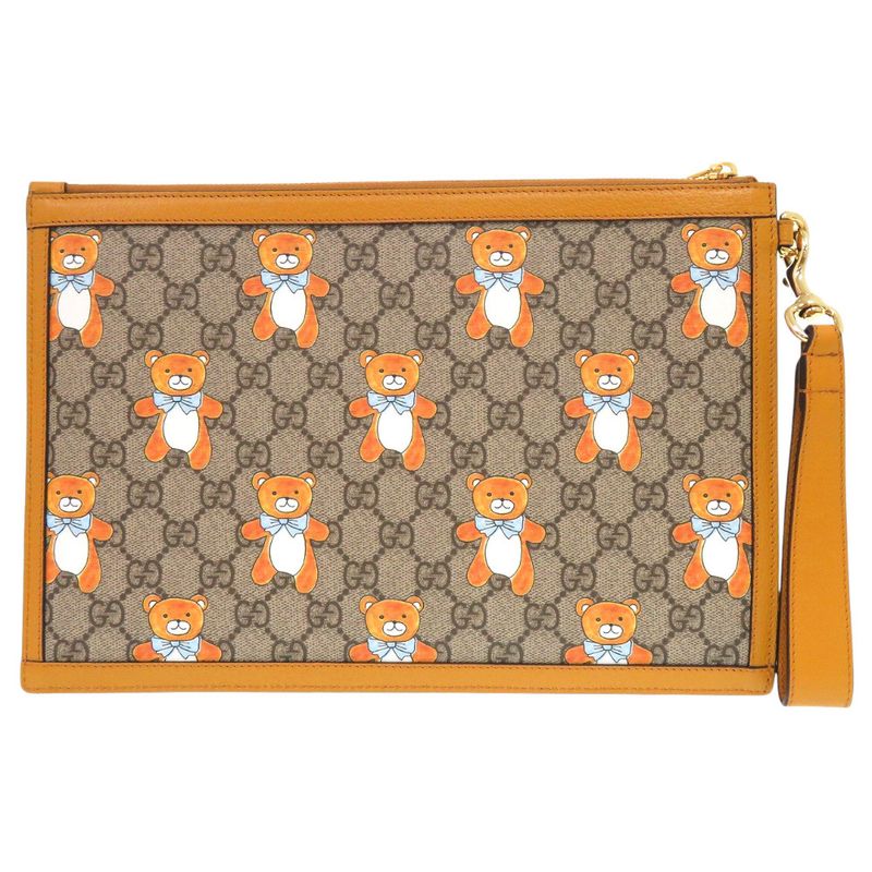 Gucci Kai Teddy Bear GG Supreme Canvas Calf Beige Clutch Bag 0272 — view 3