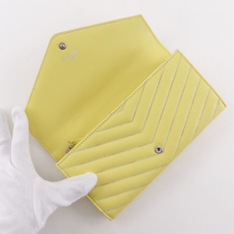 Chanel V Stitch Coco Mark Lambskin Yellow Long Wallet — view 6