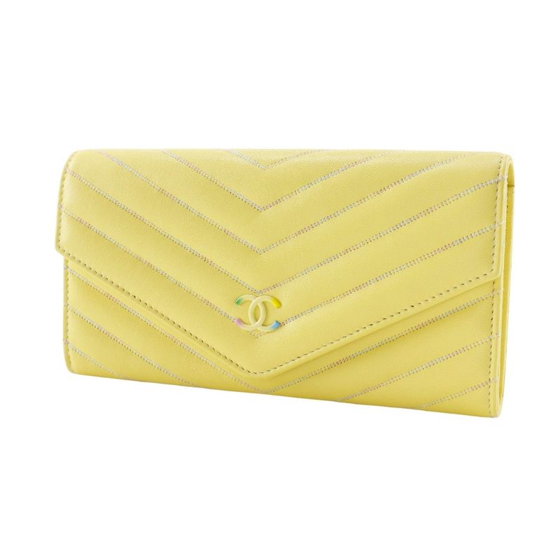 Chanel V Stitch Coco Mark Lambskin Yellow Long Wallet — view 2