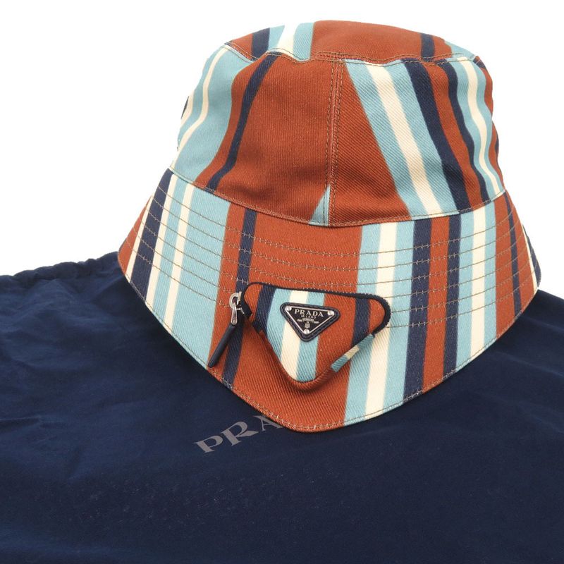Prada Triangle Logo Stripe Size XL Cotton Multicolor Bucket Hat 1378 — view 2