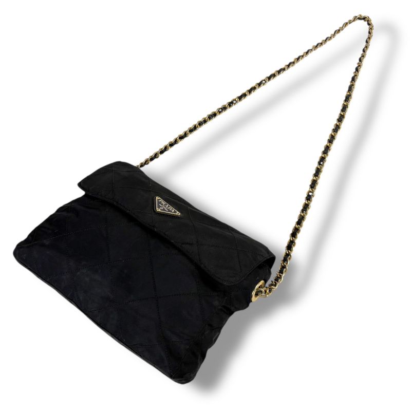 Prada Quilted Chain Shoulder Bag Triangle Logo Black Tessuto Nylon — view 4