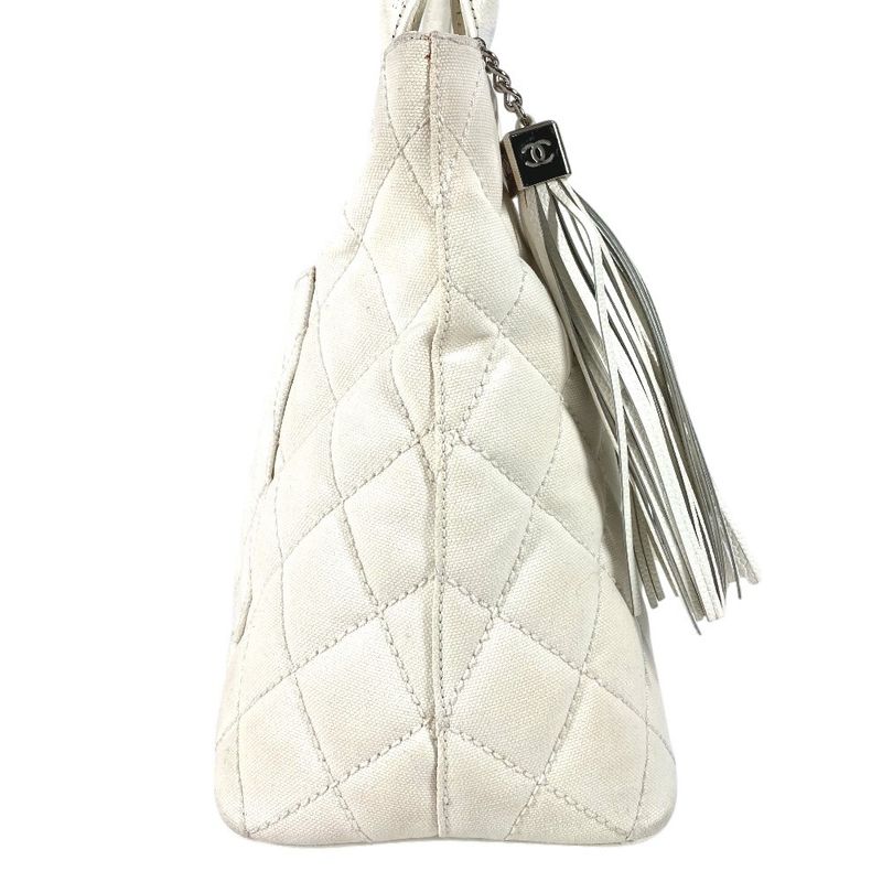 Chanel Shoulder Bag Reproduction Tote Fringe Tassel Leather Canvas White — view 5