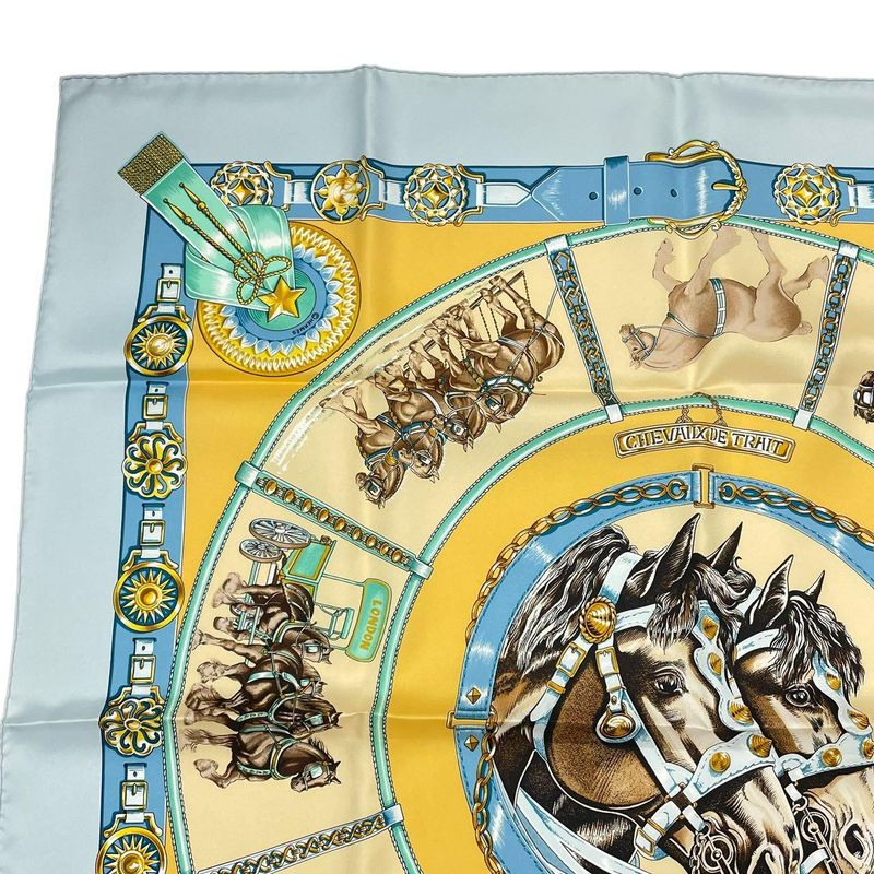 Hermes Carre 90 Chevaux de Trait Horse Silk Scarf Blue — view 3