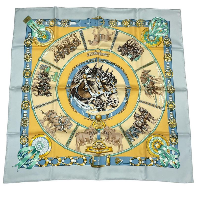 Hermes Carre 90 Chevaux de Trait Horse Silk Scarf Blue — view 2