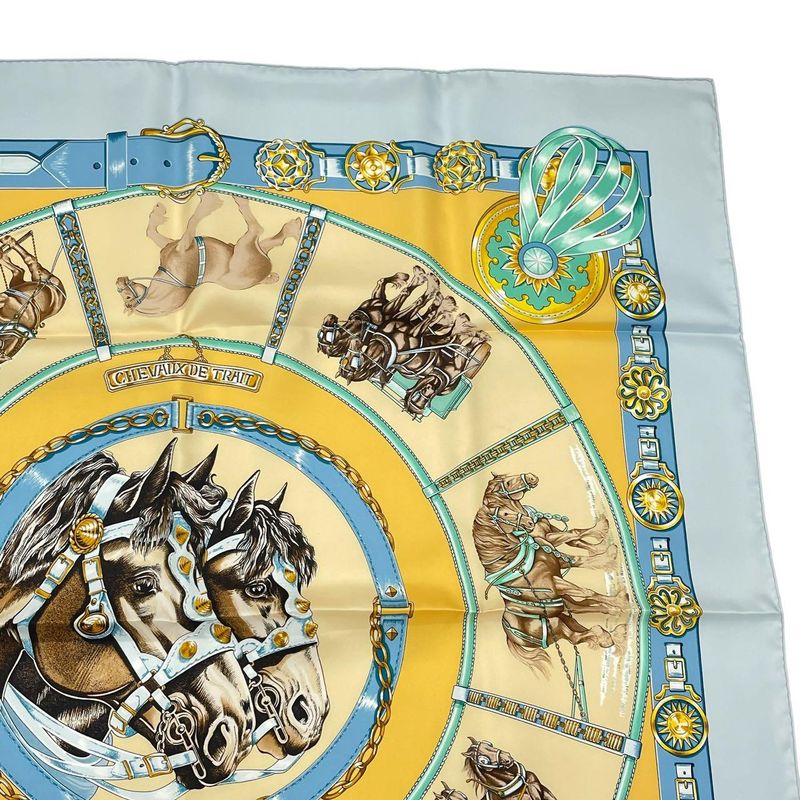 Hermes Carre 90 Chevaux de Trait Horse Silk Scarf Blue — view 4
