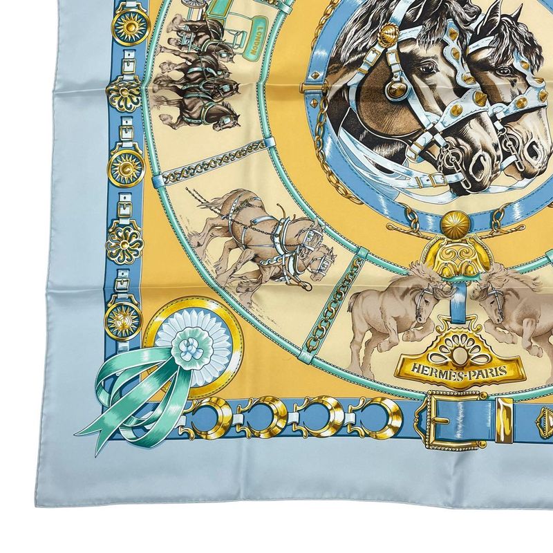Hermes Carre 90 Chevaux de Trait Horse Silk Scarf Blue — view 5