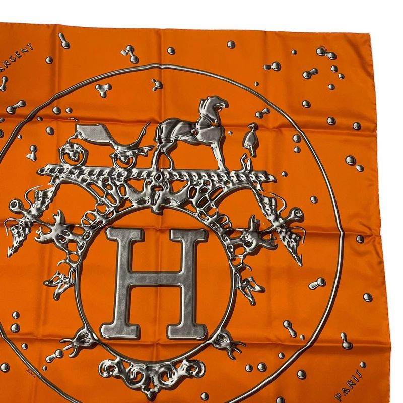 Hermes Carre 90 Vif Argent Silver Drop Scarf Silk Orange Box — view 4