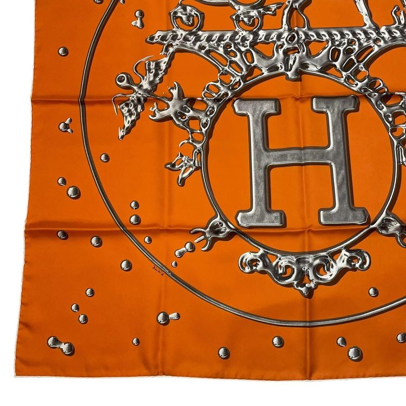 Hermes Carre 90 Vif Argent Silver Drop Scarf Silk Orange Box — view 5