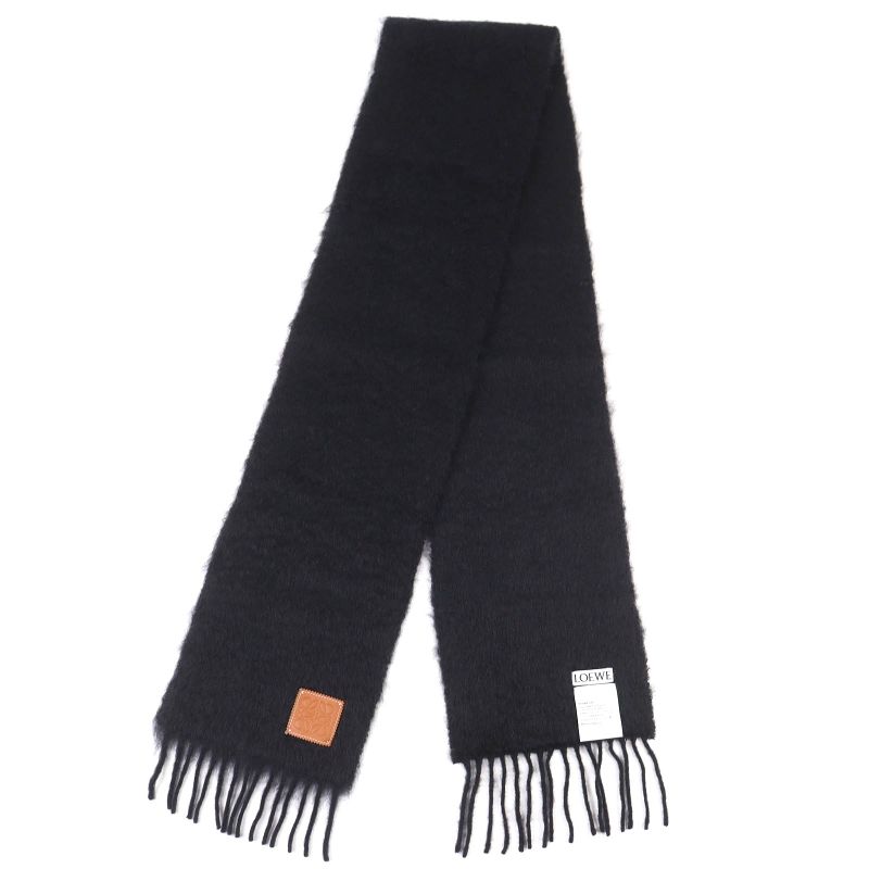 Loewe Mohair Wool Anagram Leather Patch Long Muffler With Fringe Black Scarf — view 2