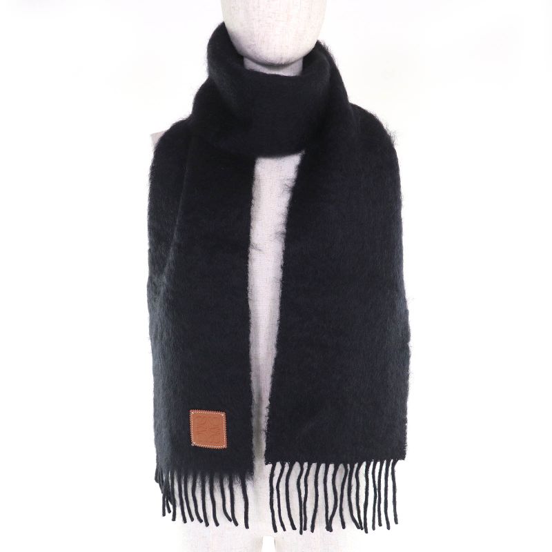 Loewe Mohair Wool Anagram Leather Patch Long Muffler With Fringe Black Scarf — view 3