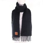 Loewe Mohair Wool Anagram Leather Patch Long Muffler With Fringe Black Scarf — view 3