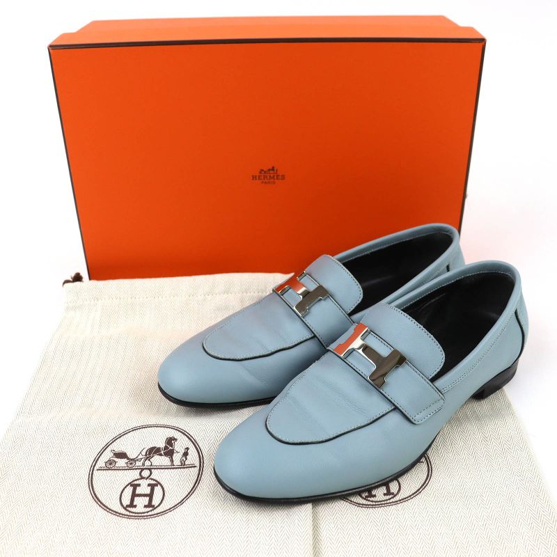 Hermes Z Constance Moccasin Shoes Leather Loafers Light Blue — view 2