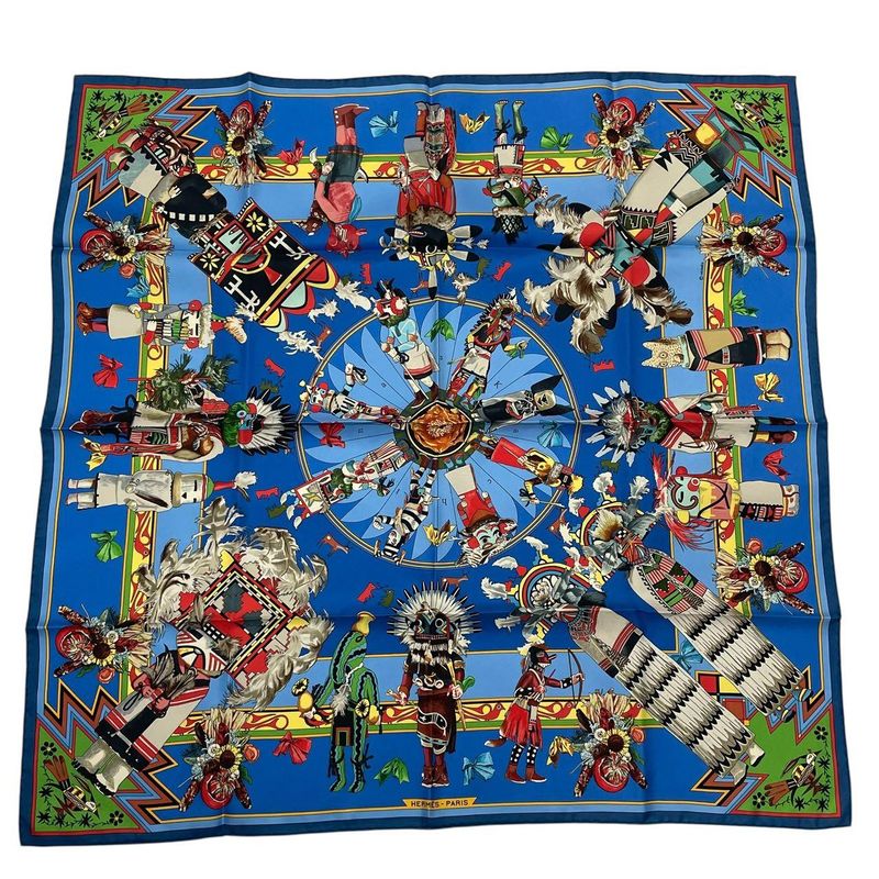 Hermes Scarf Silk Carre 90 Kachinas Ethnic Blue Box — view 2