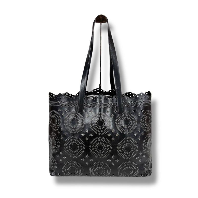 Prada Punching Leather Tote Bag With Pouch Cutwork Black — view 3