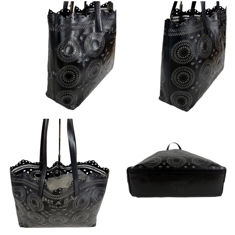 Prada Punching Leather Tote Bag With Pouch Cutwork Black — view 4