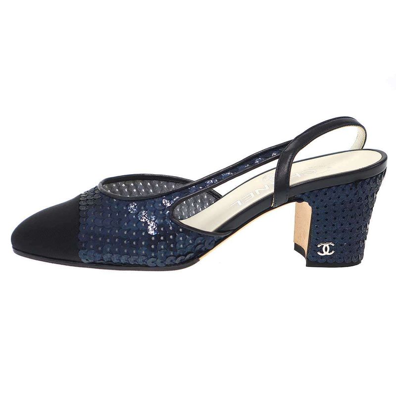 Chanel Sequins Ring Back Shoes Sandals Navy 35 — view 2