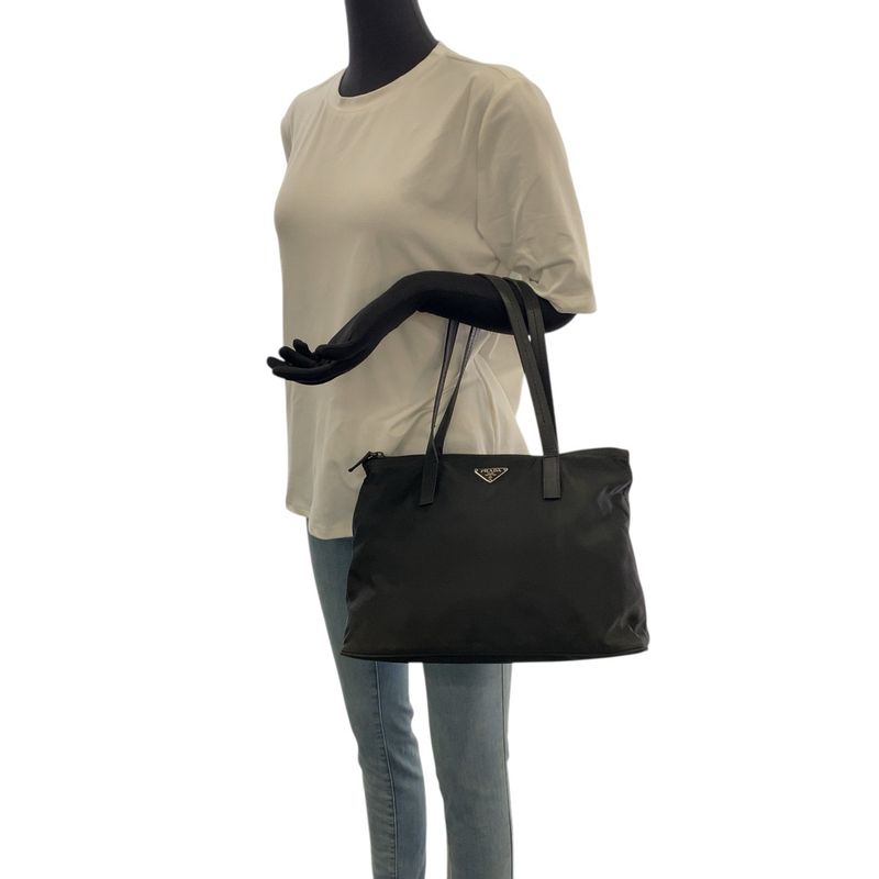 Prada Tessuto Triangle Logo Plate Black Silver Hardware Nylon Leather Tote Bag — view 8