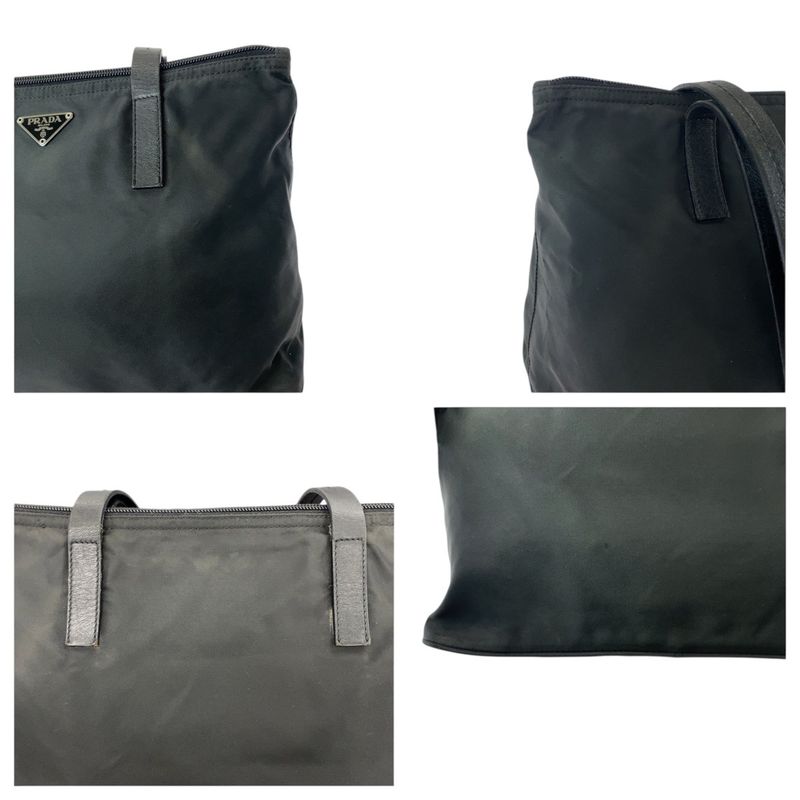 Prada Tessuto Triangle Logo Plate Black Silver Hardware Nylon Leather Tote Bag — view 6