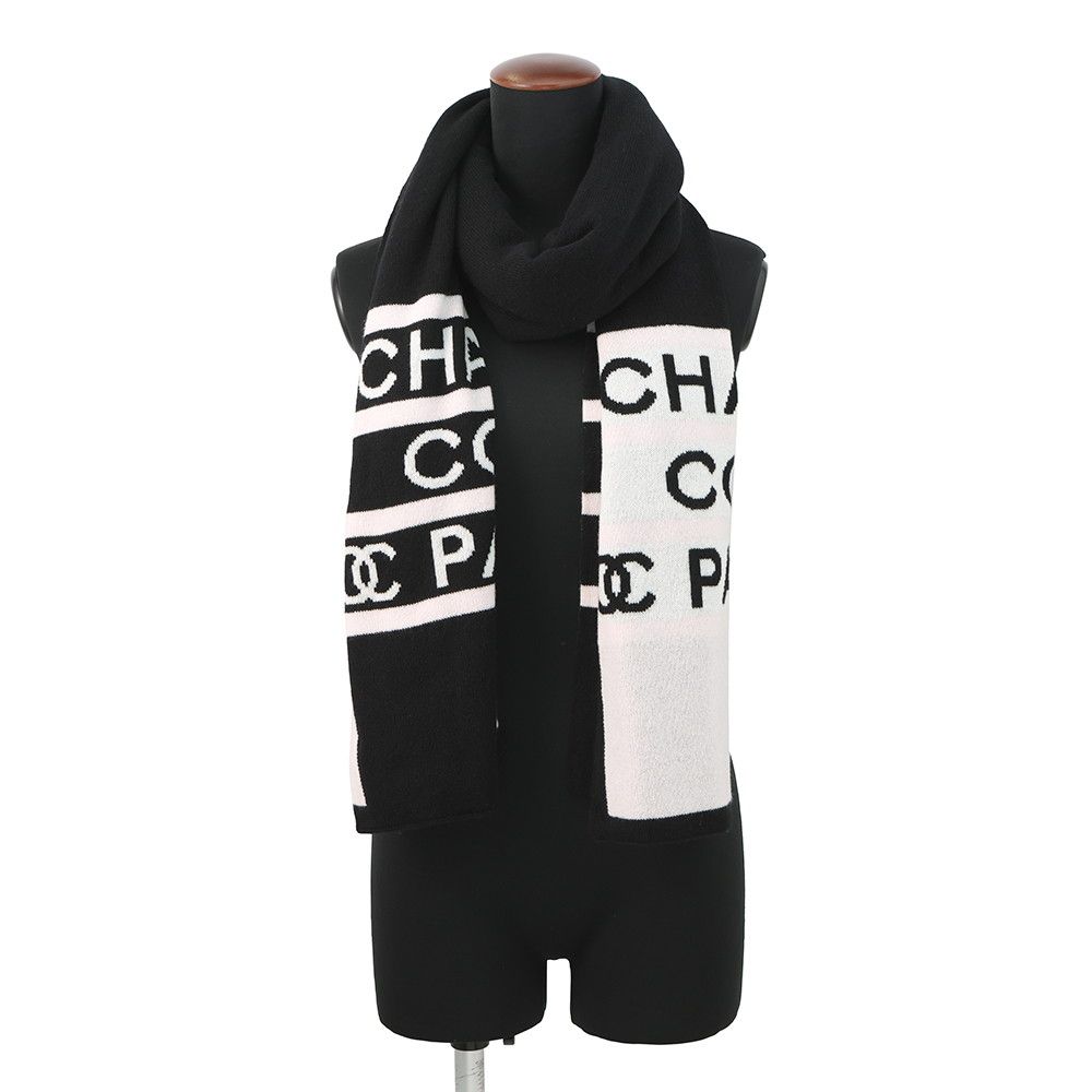 Chanel Scarf CC Logo Cashmere Shawl Black White Pink — view 4