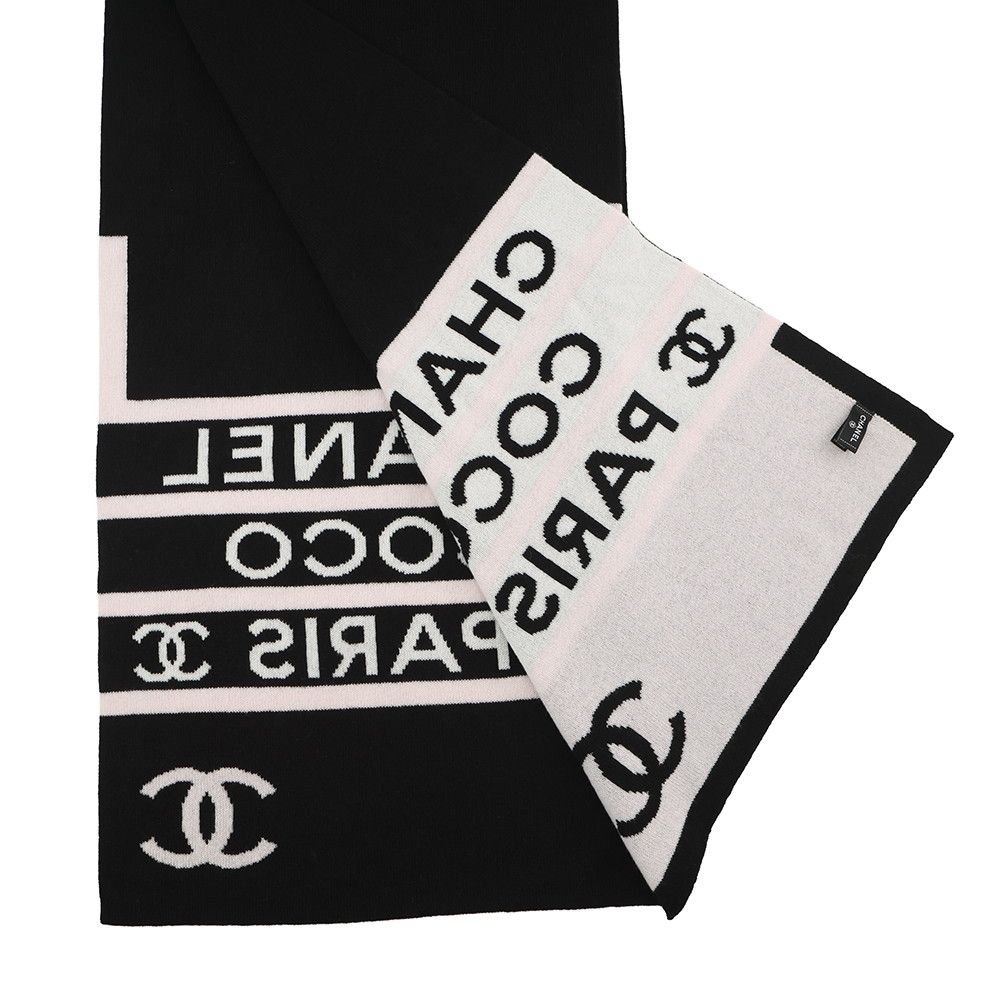 Chanel Scarf CC Logo Cashmere Shawl Black White Pink — view 3